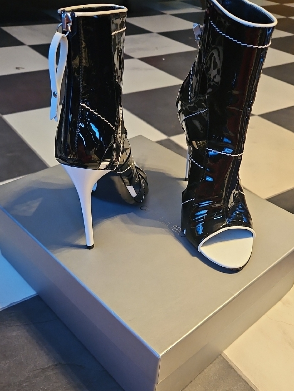 Gianmarco Lorenzi Black Patent Peep-Toe Stiletto Booties with White Trim